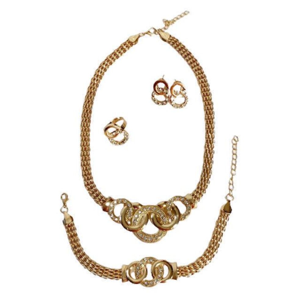 Gold Circle Rhinestones Jewelry 4 Pc SET - Earrings Necklace Bracelet Ring NEW